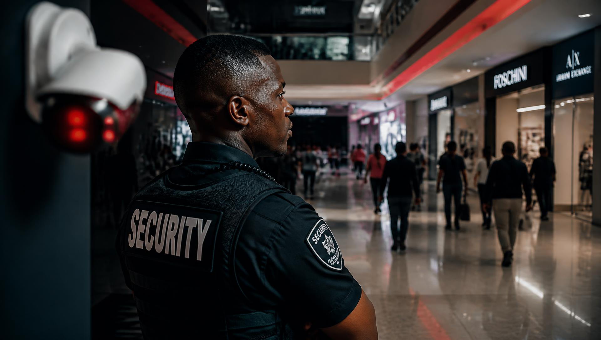 Retail security officer monitoring a South African shopping centre concourse